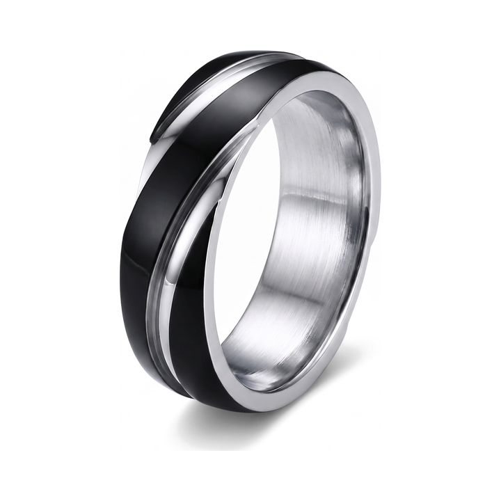 Silver Whirlwind Ring, isolated on a white background, angled view of the swirl band