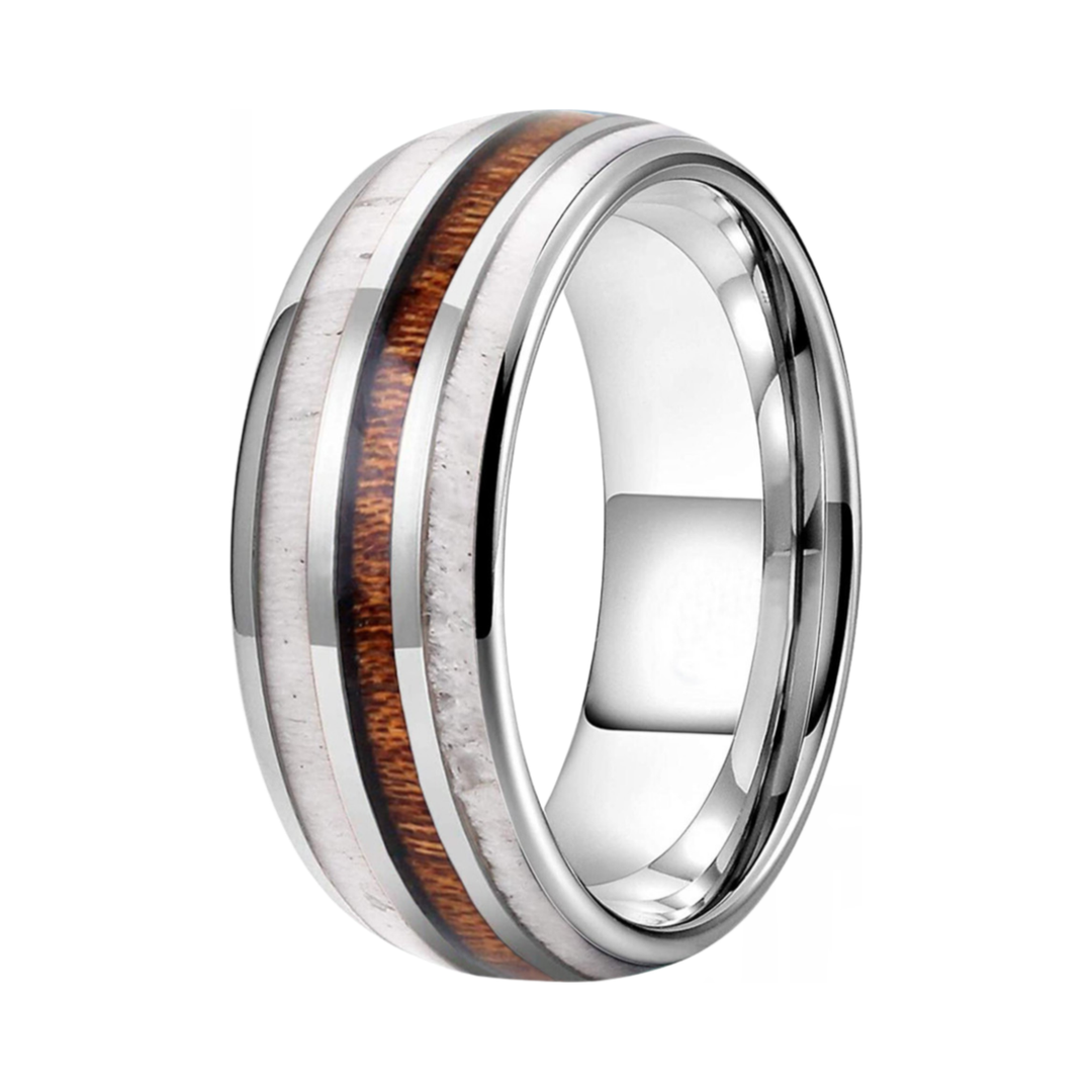 Silver Woodland Band, isolated on white, angled to show the wood and antler inlay
