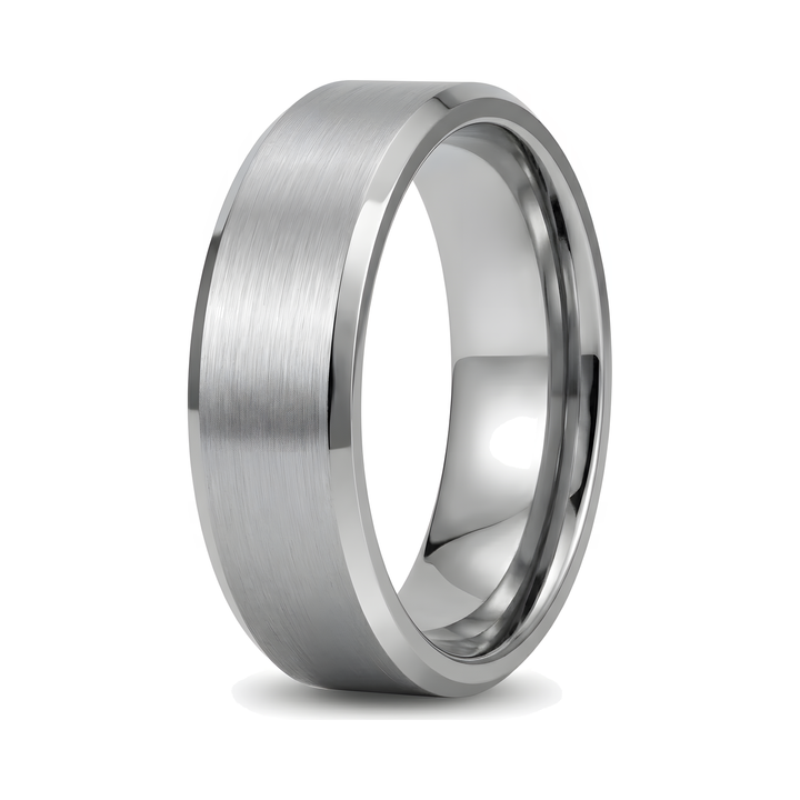 Simple Stainless Steel Ring 8mm Silver, isolated on a white background, angled to show its brushed flat band