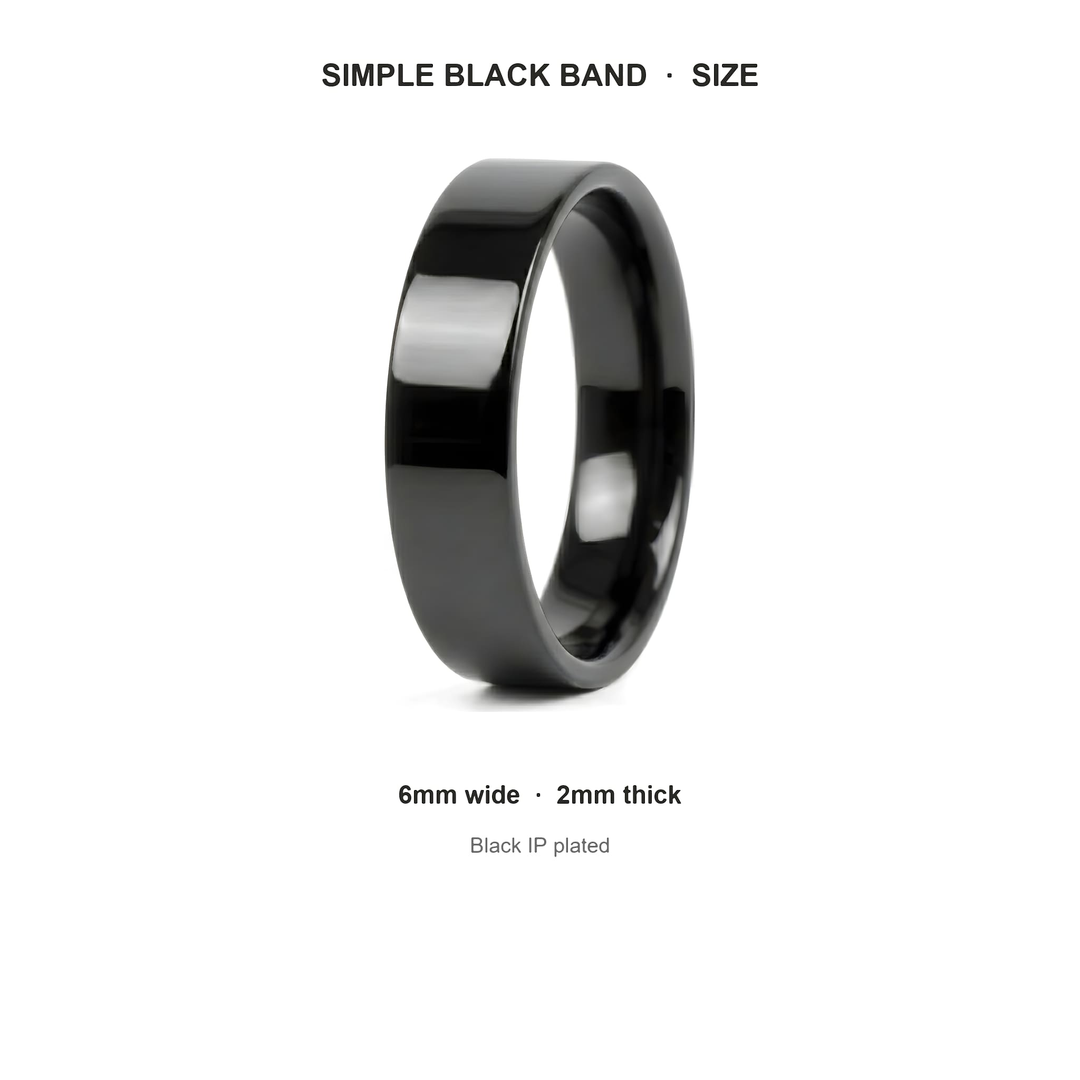 Simple 6mm Ring (Black) size guide: 6mm wide, 2mm thick, Black IP plated