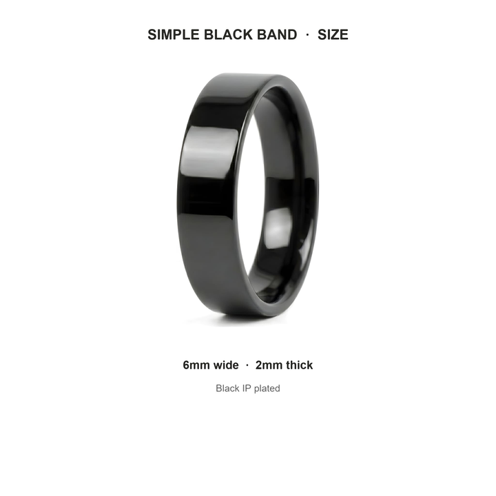 Simple 6mm Ring (Black) size guide: 6mm wide, 2mm thick, Black IP plated