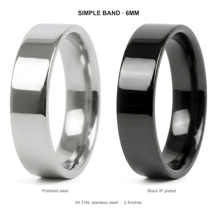 Simple 6mm Ring (Black) finishes: polished steel and Black IP plated, both 316L stainless steel