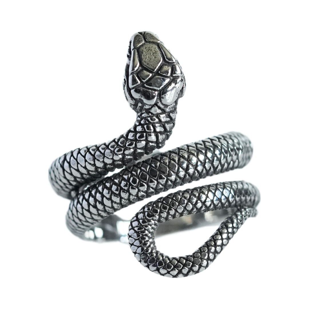 Snake Ring, snake head raised above the coiled band, isolated on a white background