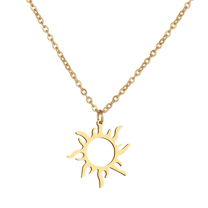Sun Pendant Necklace Gold, isolated on a white background with the sun charm hanging from its chain