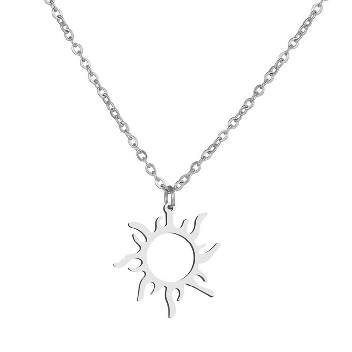 Sun Pendant Necklace Silver, isolated on a white background showing the cut-out sun charm
