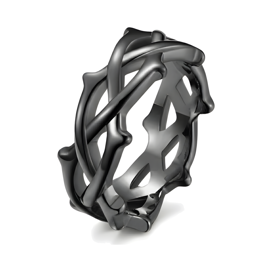 Thorn Ring Black, isolated on a white background at an angle showing the woven thorn design