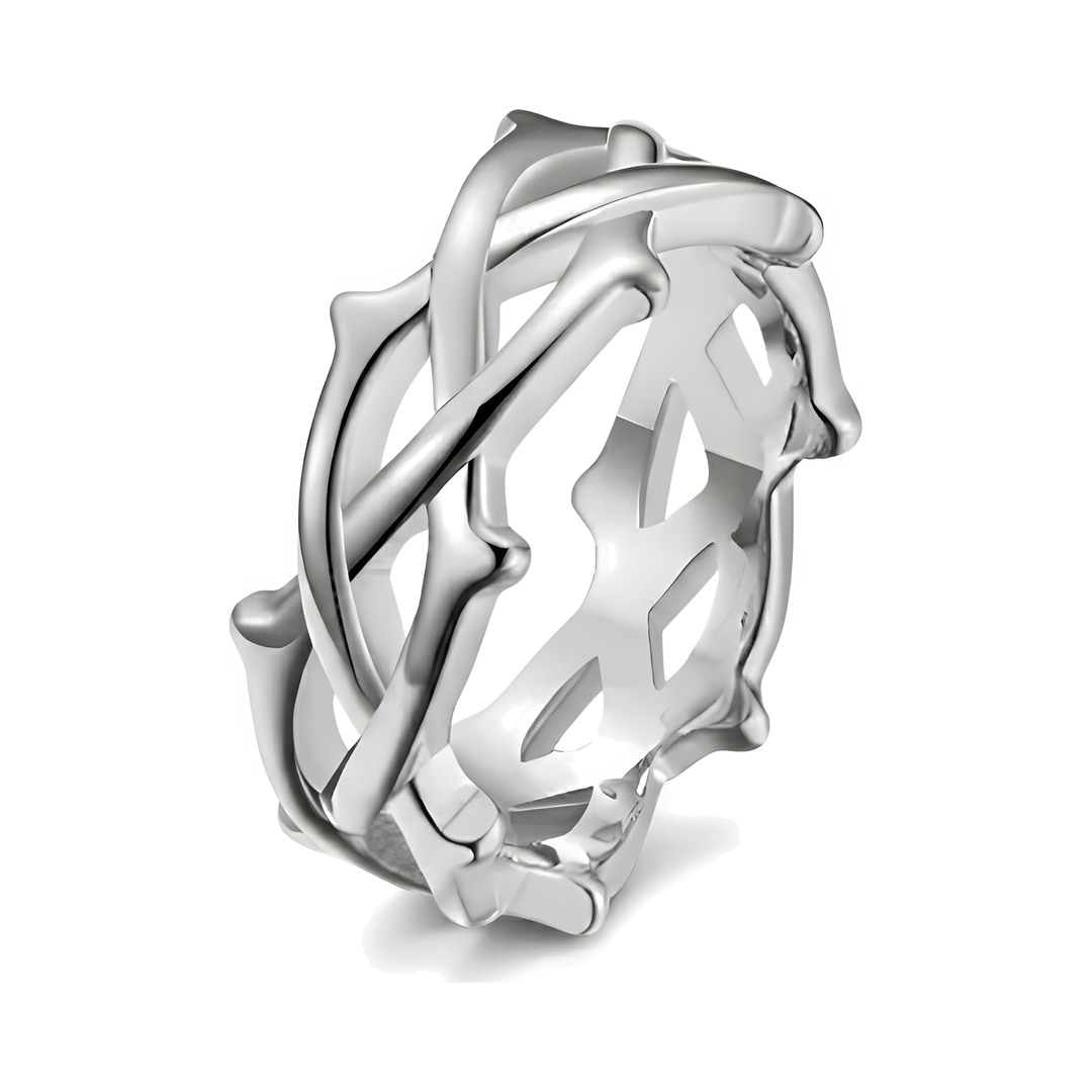 Thorn Ring Silver, isolated on a white background showing the woven thorn design and cutout underside