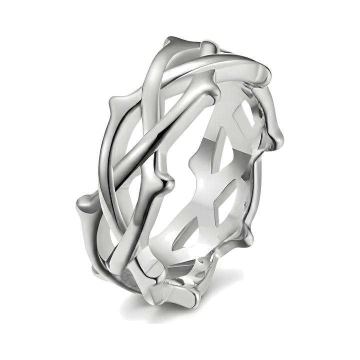 Thorn Ring Silver, isolated on a white background showing the woven thorn design and cutout underside