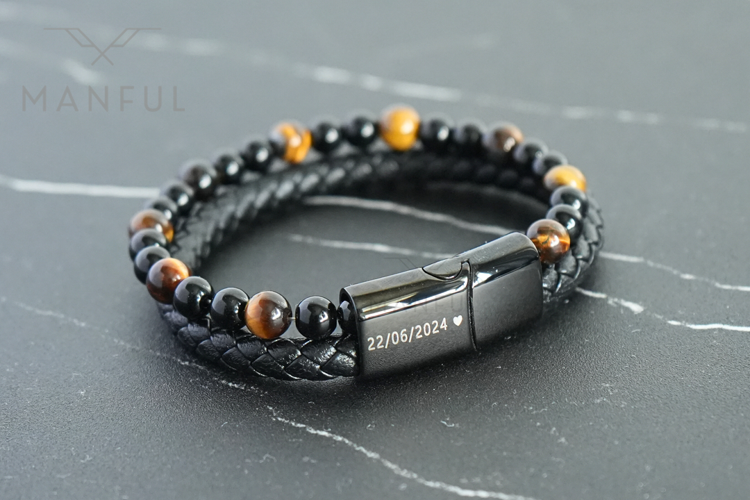 Tigers Eye Bead And Leather Bracelet, close-up of the clasp engraved with a date and heart