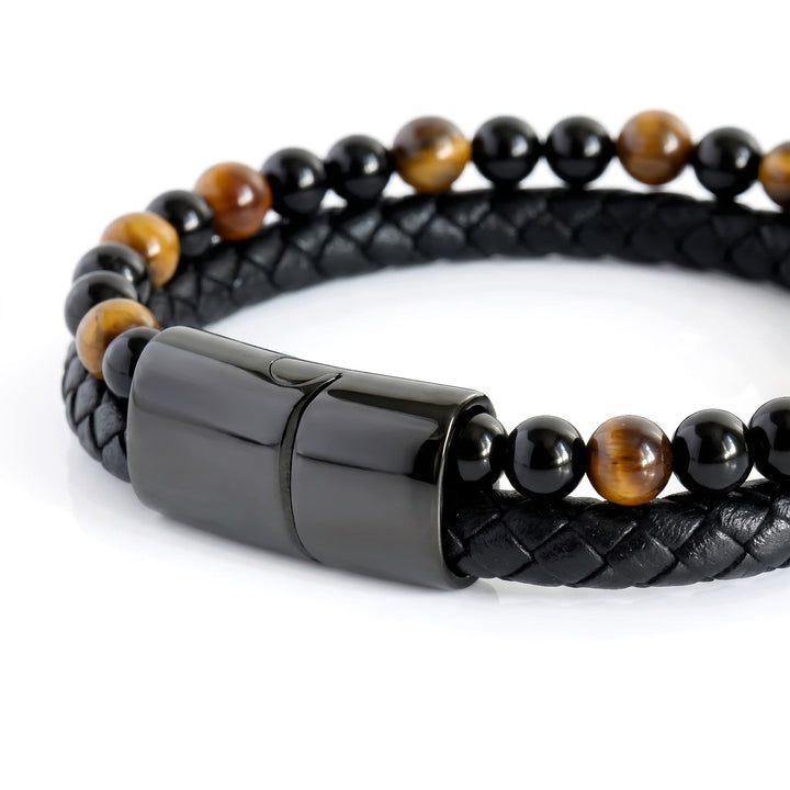 Tigers Eye Bead And Leather Bracelet close up on the beads and clasp