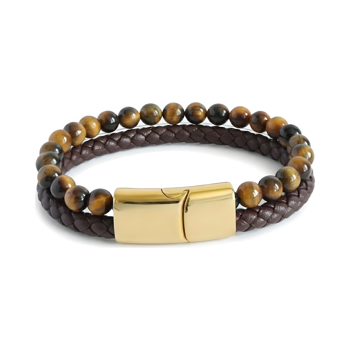 Tigers Eye Bead And Leather Bracelet Gold, isolated on a white background with the gold clasp facing forward