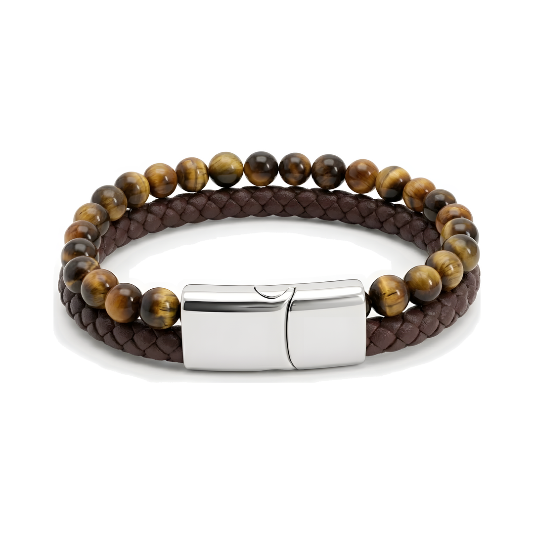 Tigers Eye Bead And Leather Bracelet Silver, isolated on white showing the beaded and braided double strand