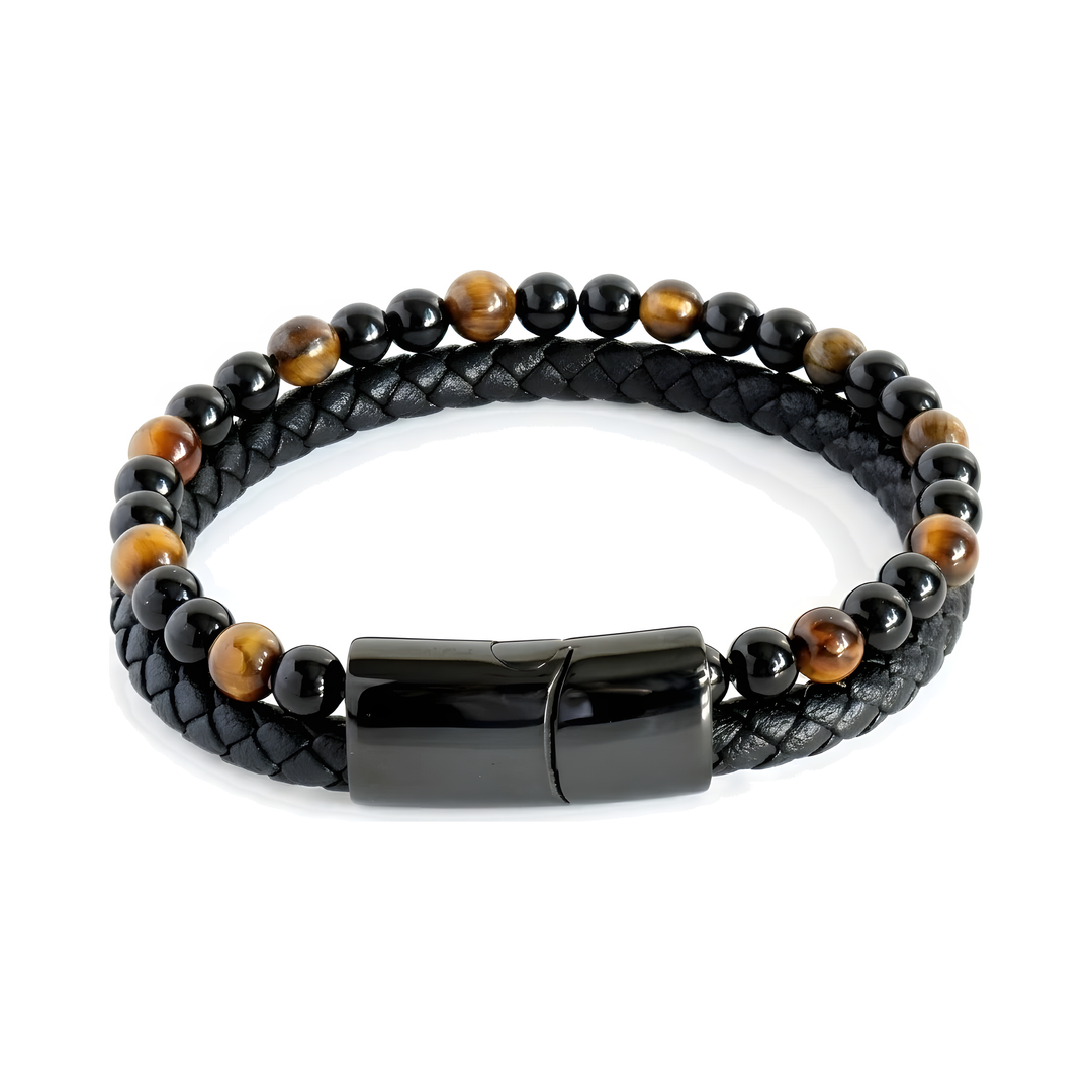 Tigers Eye Bead And Leather Bracelet, isolated on a white background showing the beaded strand and clasp