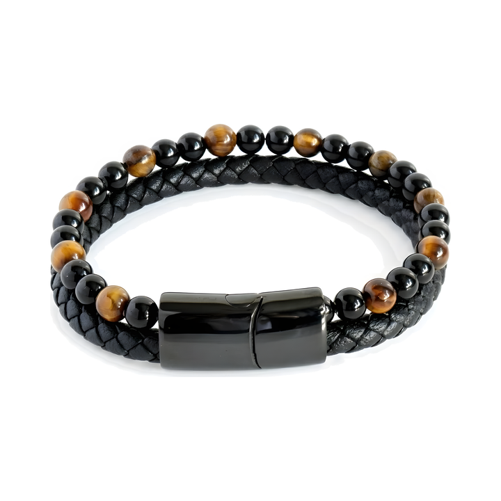 Tigers Eye Bead And Leather Bracelet, isolated on a white background showing the beaded strand and clasp