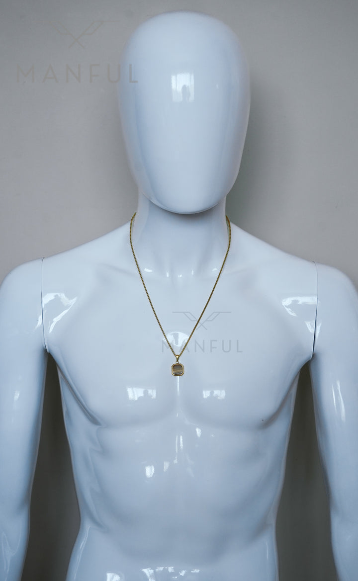 Tigers Eye Square Necklace Gold, worn on a mannequin's neck against a plain grey background