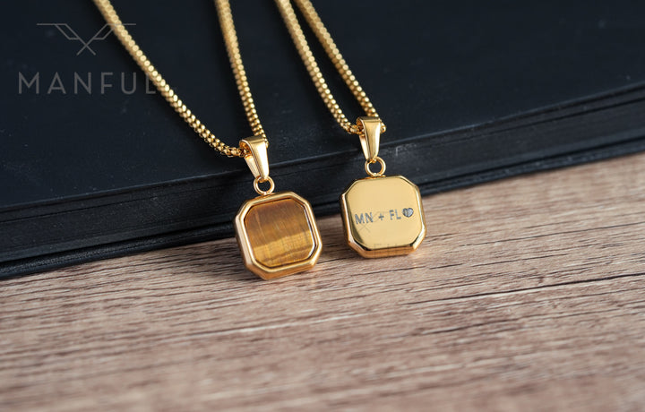 Tigers Eye Square Necklace Gold, close-up of two pendants side by side showing the stone front and engraved back