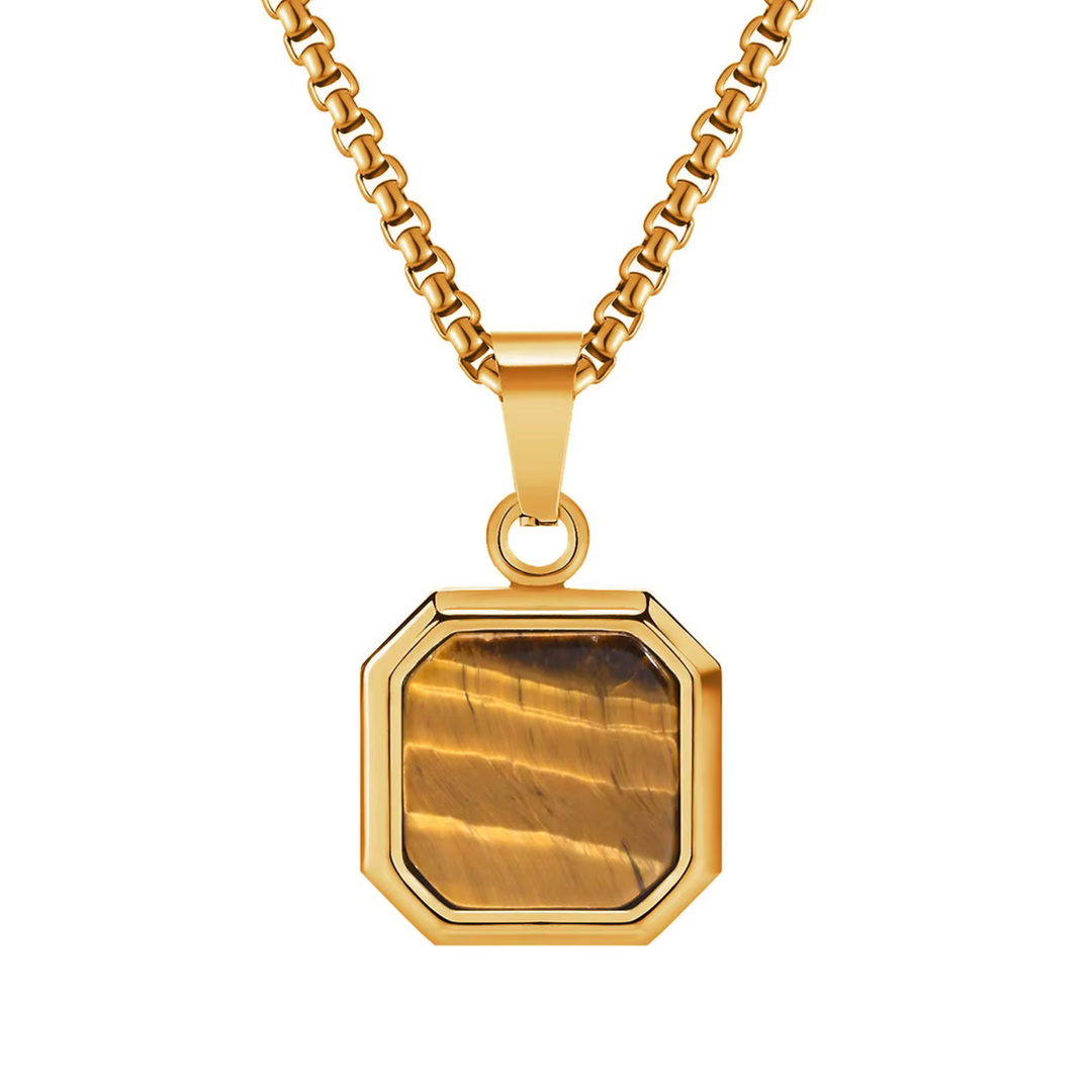 Tigers Eye Square Necklace Gold, isolated on a white background showing the full pendant and chain