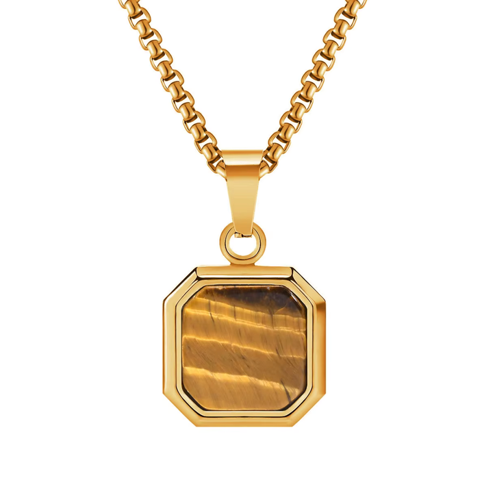Tigers Eye Square Necklace Gold, isolated on a white background showing the full pendant and chain