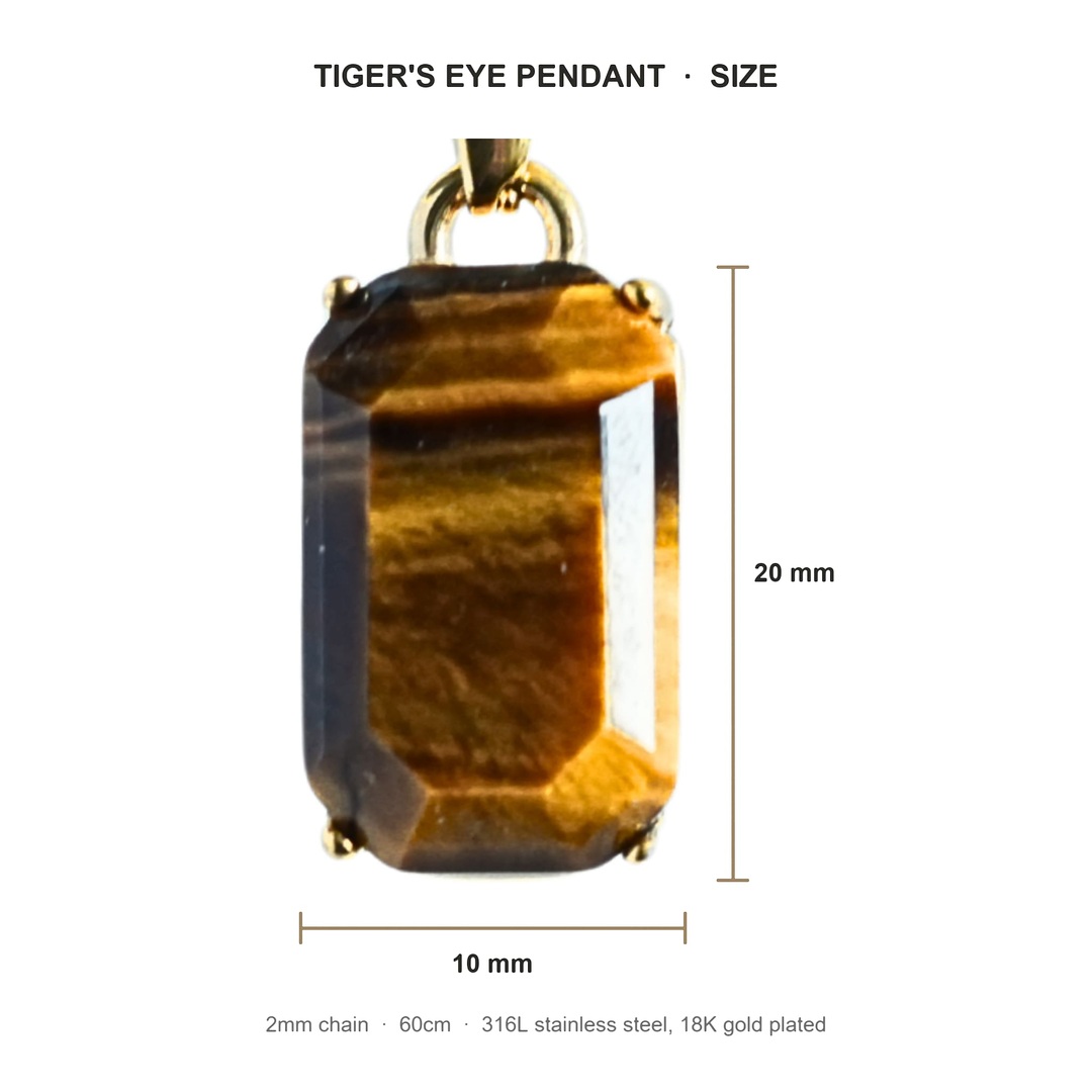 Tigers Eye Stone Pendant (Gold) size guide: stone 20mm tall, 10mm wide, 2mm chain, 60 cm