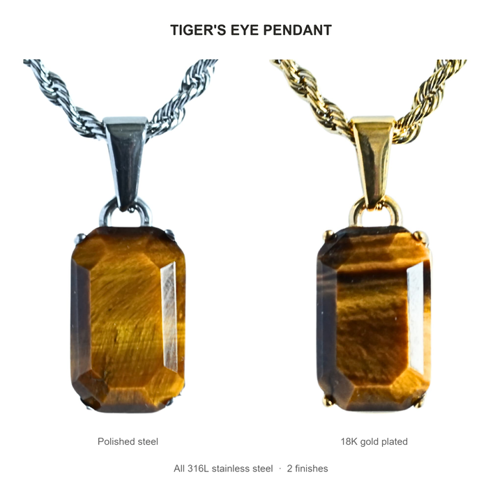 Tigers Eye Stone Pendant (Gold) finishes: Polished steel and 18K gold plated, both 316L stainless steel