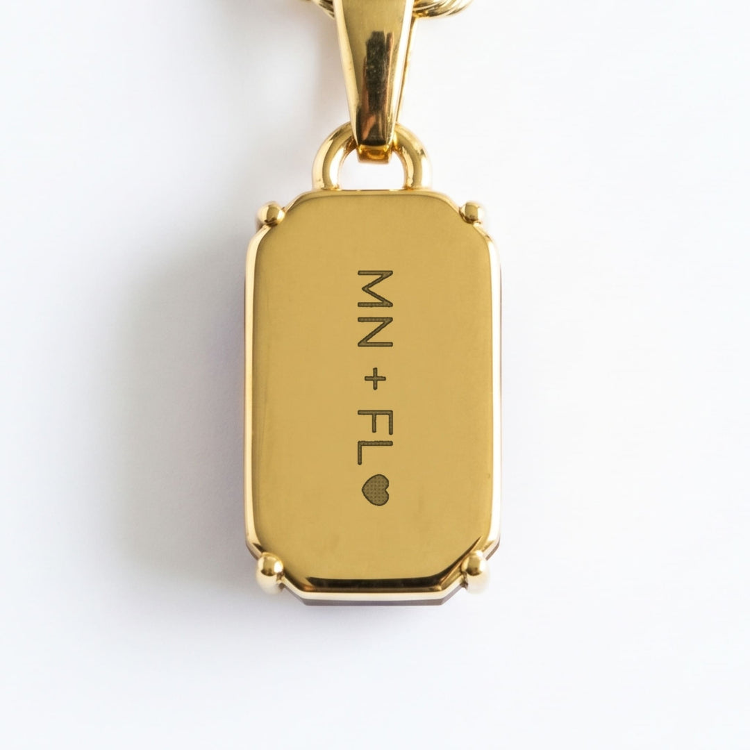 Tigers Eye Stone Pendant (Gold) engraving example: MN + FL with a heart on the gold back