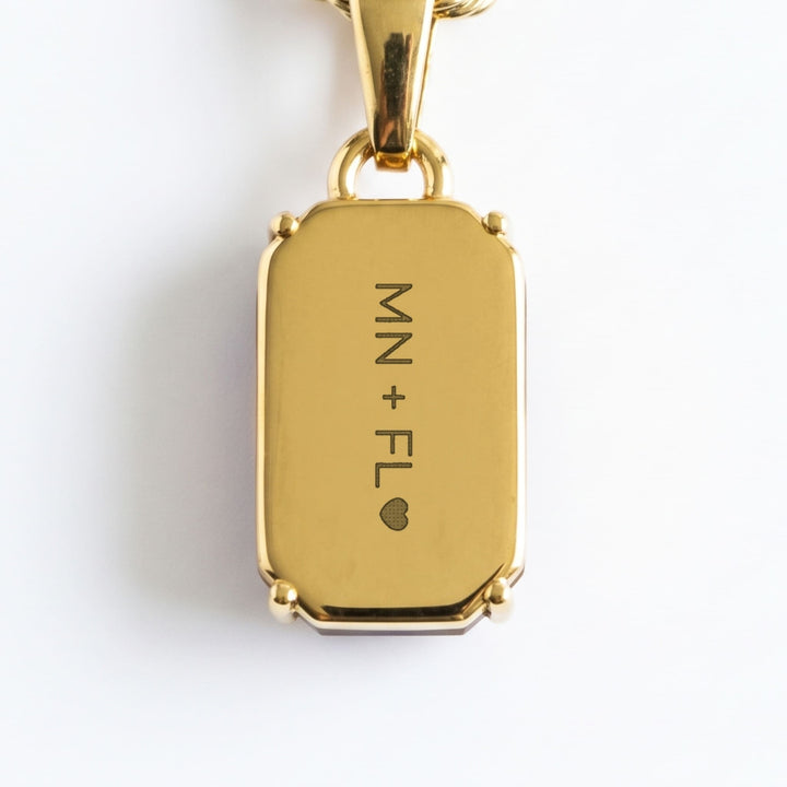 Tigers Eye Stone Pendant (Gold) engraving example: MN + FL with a heart on the gold back