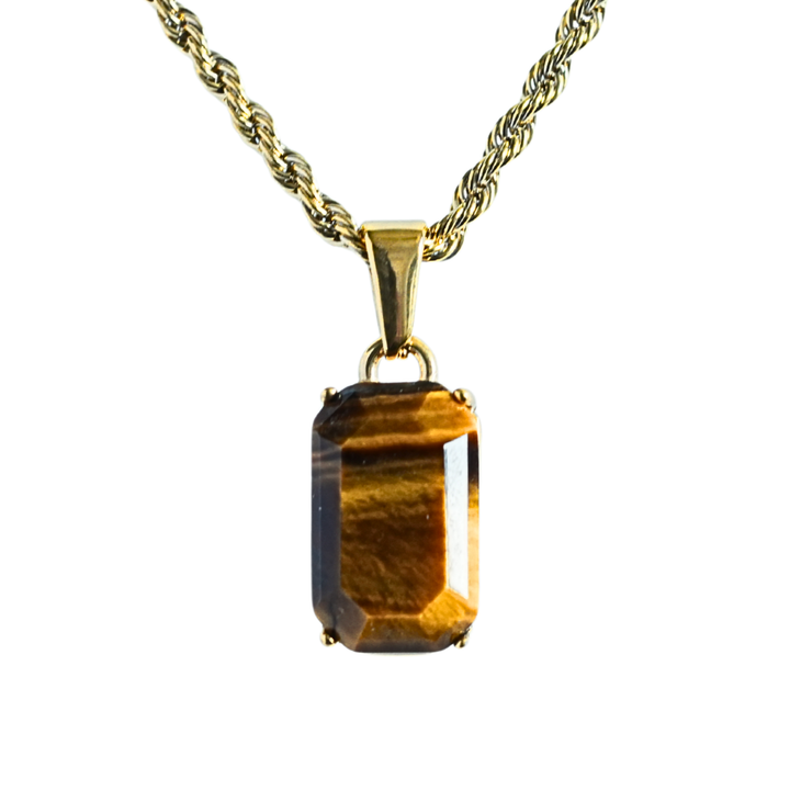 Tigers Eye Stone Pendant Gold, isolated on a white background showing the full rope chain and pendant