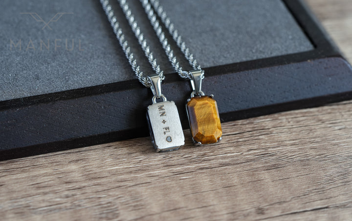 Tigers Eye Stone Pendant Silver, paired on wood with a matching engraved silver pendant