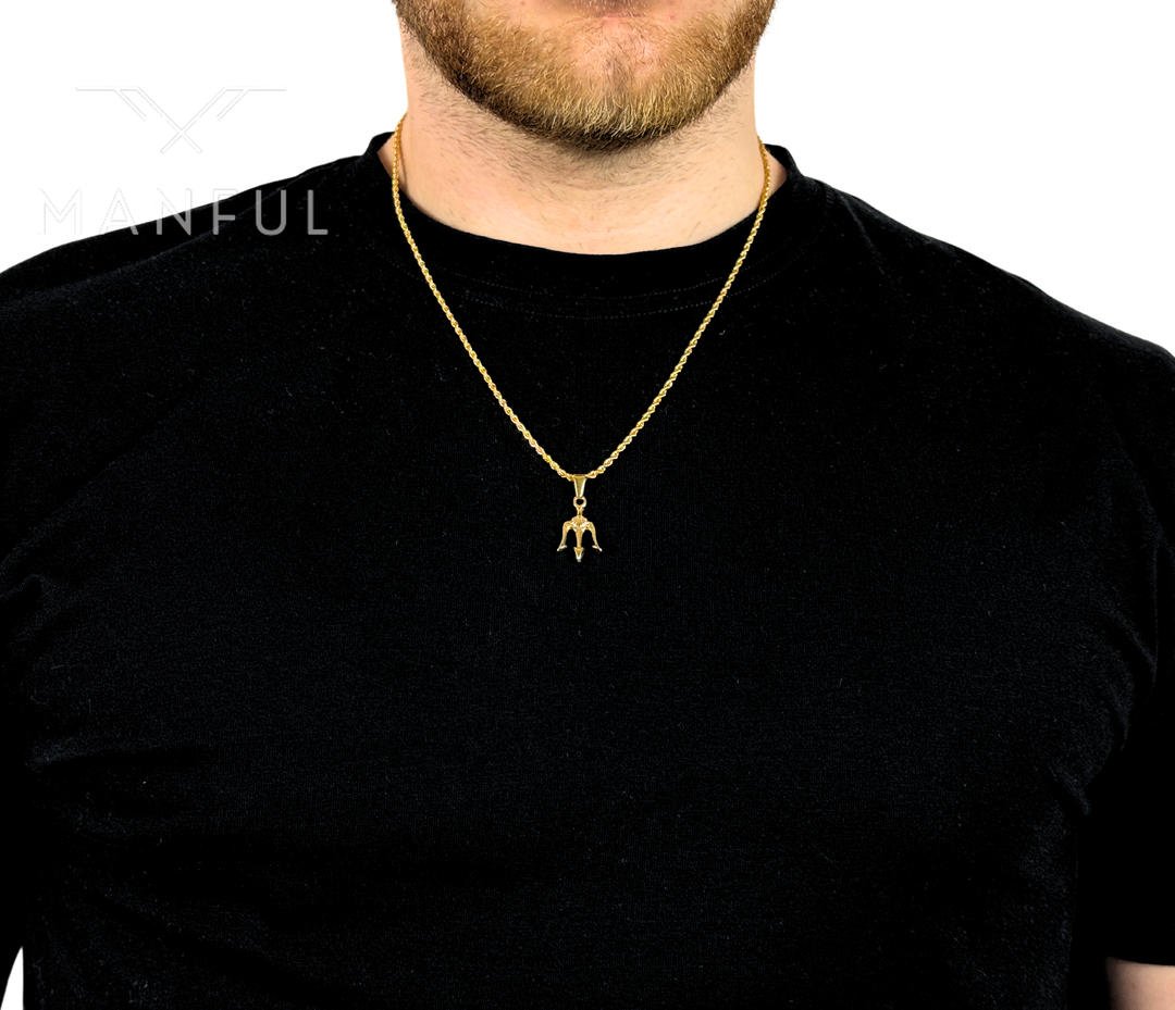Trident Pendant Necklace Gold, worn on a man's neck over a black t-shirt