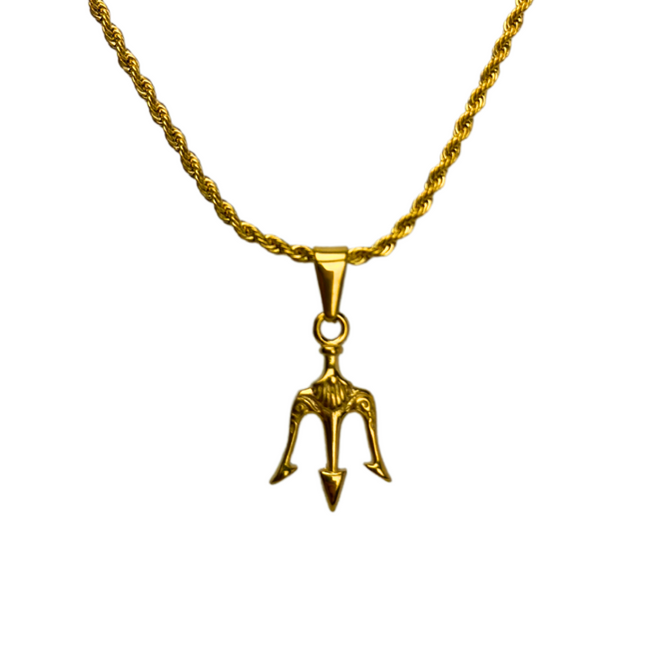 Trident Pendant Necklace Gold, isolated on white background on a rope chain