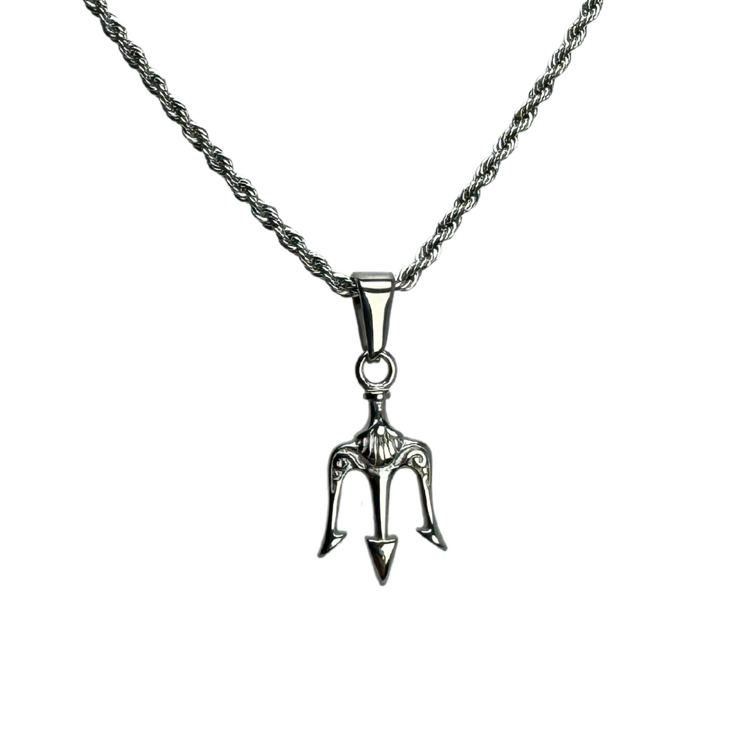 Trident Pendant Necklace Silver, isolated on a white background hanging from a rope chain