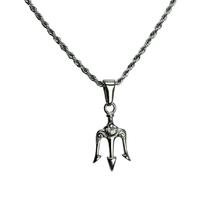 Trident Pendant Necklace Silver, isolated on a white background hanging from a rope chain