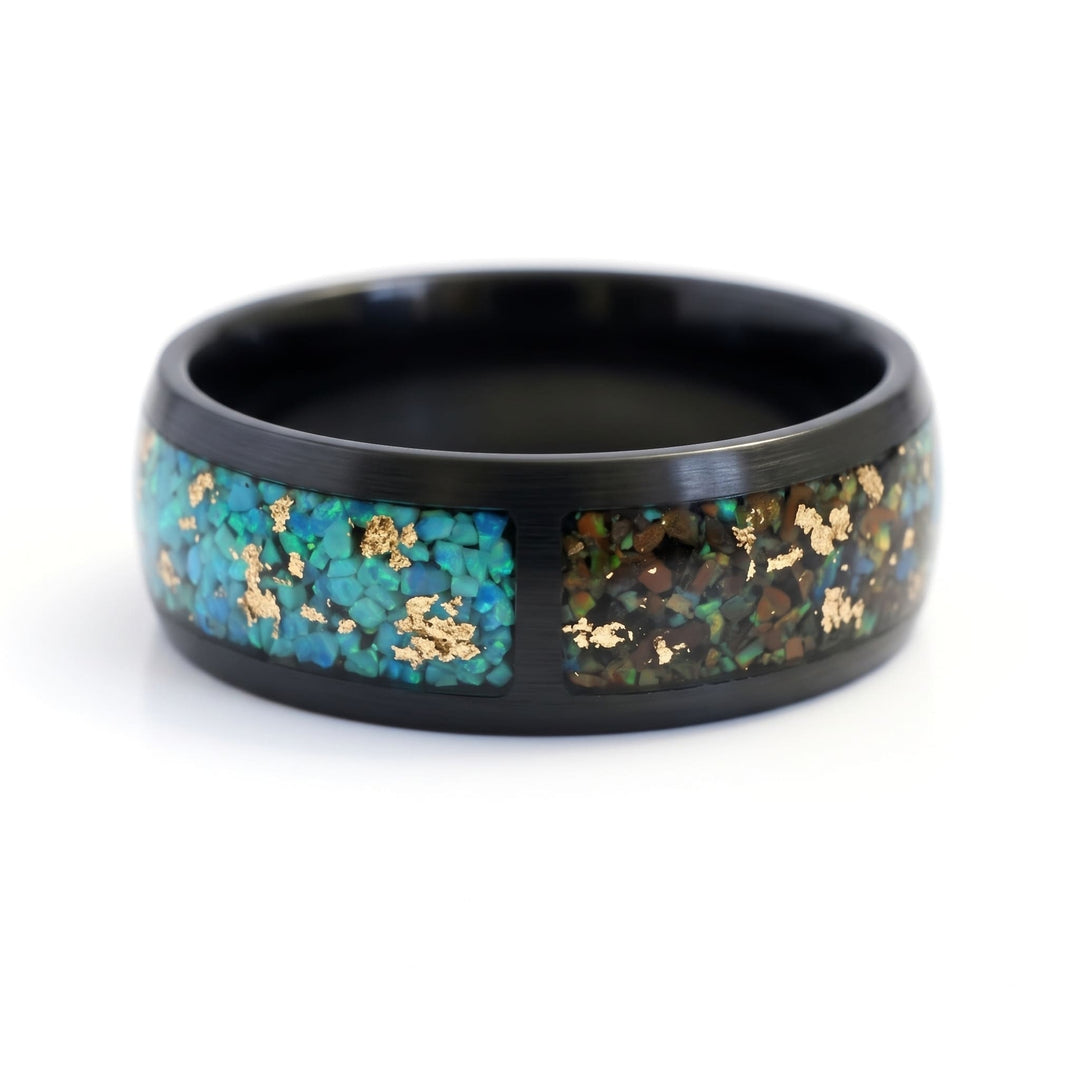 Trinity Opal Ring, a close view of the turquoise and brown opal sections