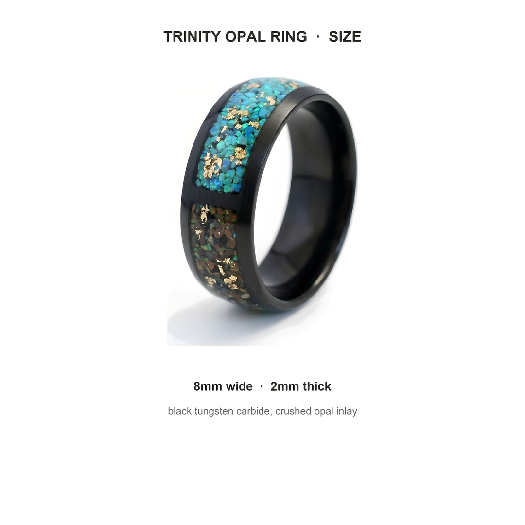 Trinity Opal Ring size guide: 8mm wide, 2mm thick, black tungsten carbide, crushed opal inlay