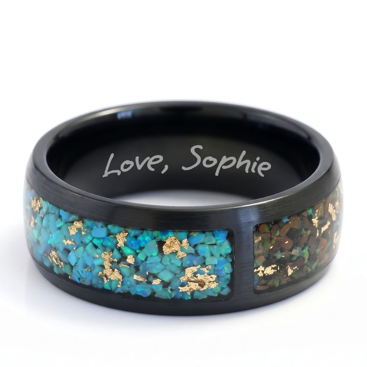 Trinity Opal Ring engraving example: Love, Sophie engraved inside the band in handwriting