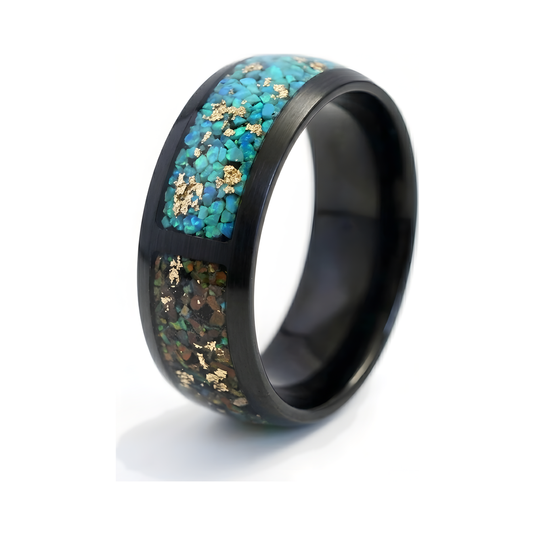 Trinity Opal Ring, isolated on white showing the black band with teal opal and gold-fleck inlay
