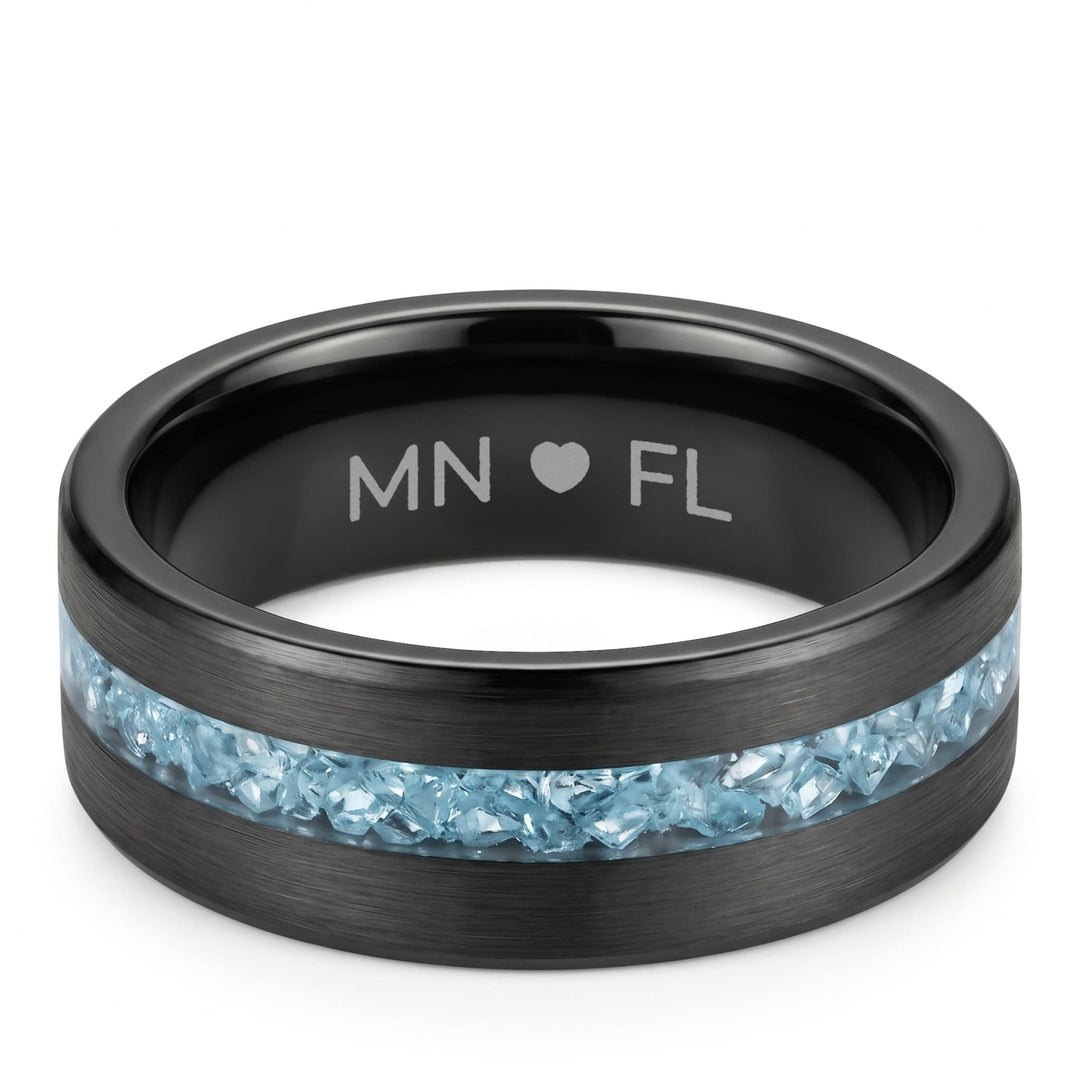 Tungsten Aquamarine Inlay Band (Black) engraving example: MN, a heart and FL engraved inside the band