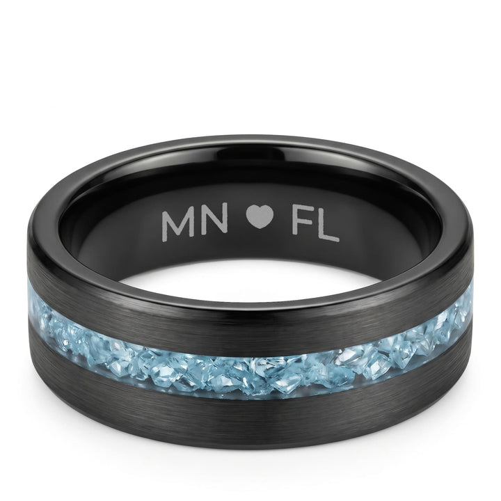 Tungsten Aquamarine Inlay Band (Black) engraving example: MN, a heart and FL engraved inside the band