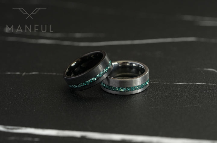 Tungsten Aquamarine Inlay Band Silver, paired on a dark surface beside a second matching ring