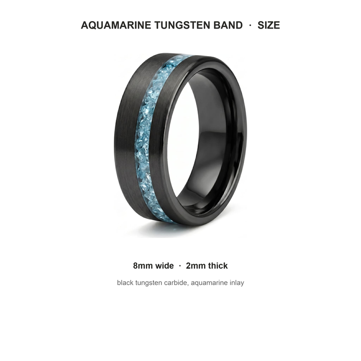 Tungsten Aquamarine Inlay Band (Black) size guide: 8mm wide, 2mm thick, tungsten carbide, aquamarine inlay