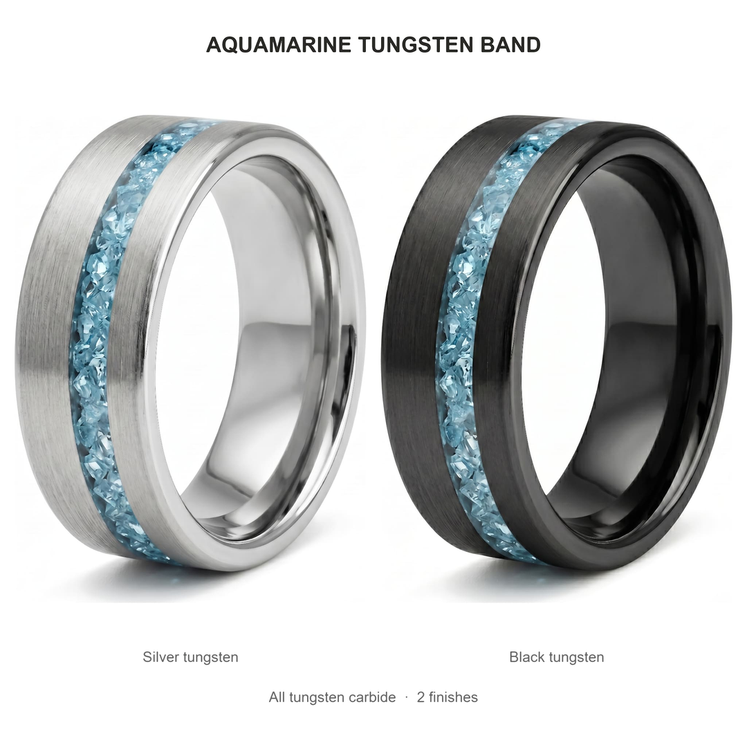 Tungsten Aquamarine Inlay Band (Black) finishes: Silver tungsten and Black tungsten, both tungsten carbide