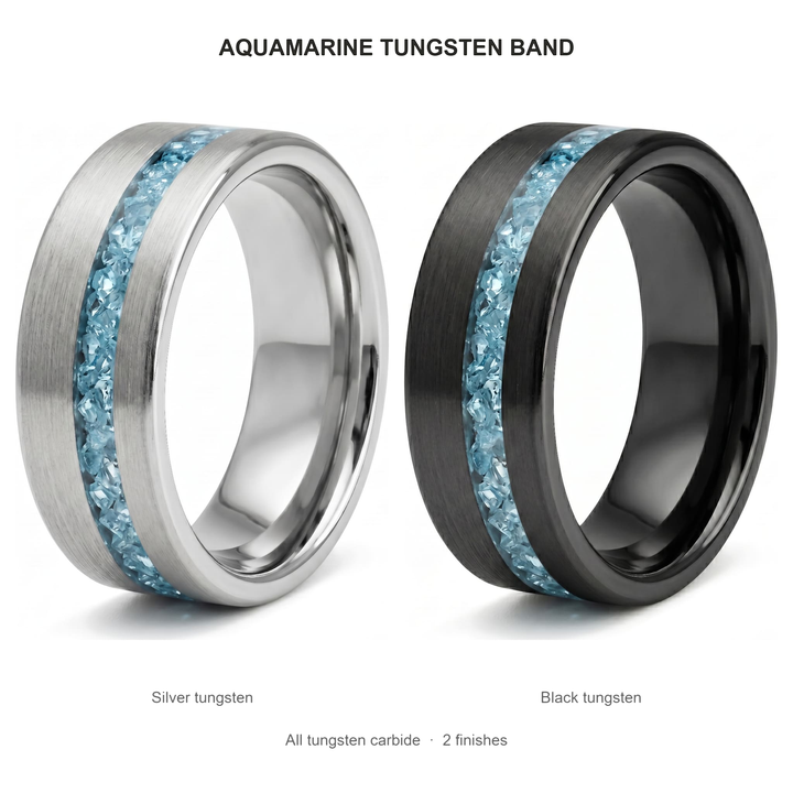 Tungsten Aquamarine Inlay Band (Black) finishes: Silver tungsten and Black tungsten, both tungsten carbide