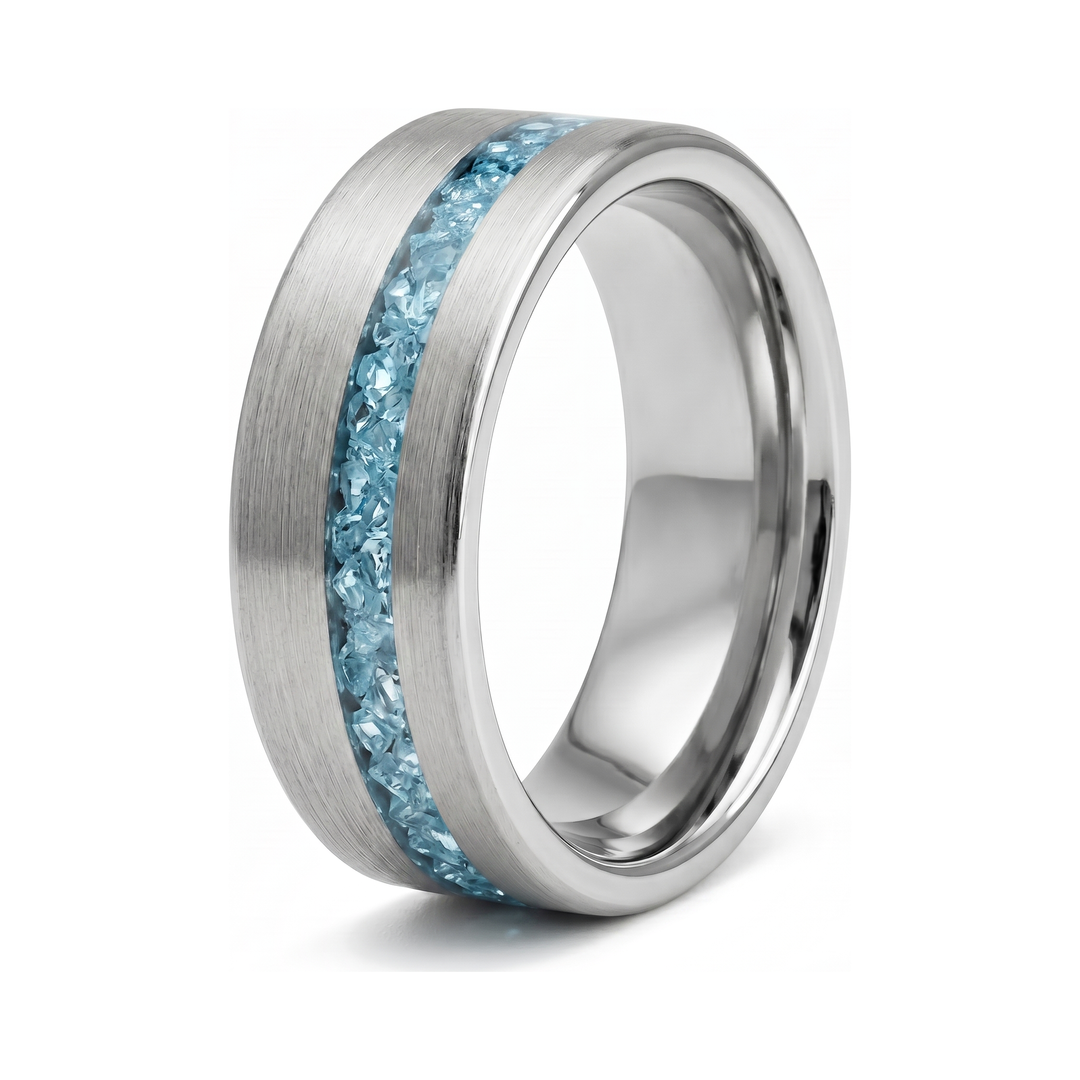 Tungsten Aquamarine Inlay Band Silver, isolated on a white background at an angle showing the inlay