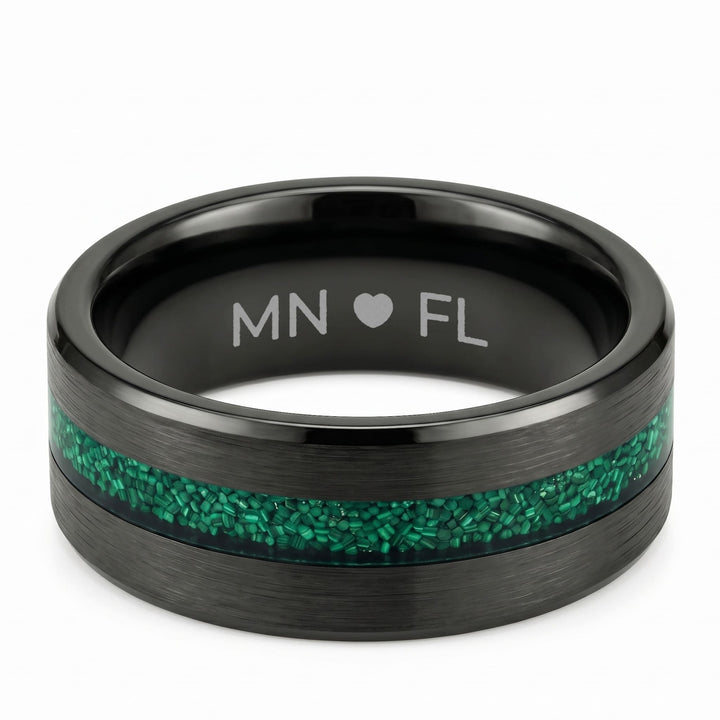 Tungsten Malachite Inlay Band (Black) engraving example: MN, a heart and FL engraved inside the band