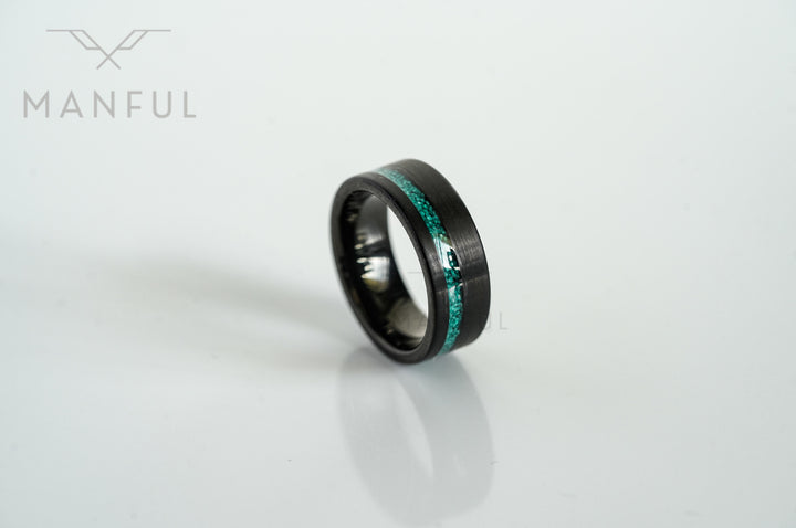 Tungsten Malachite Inlay Band Black, isolated on a glossy white surface with a soft reflection below