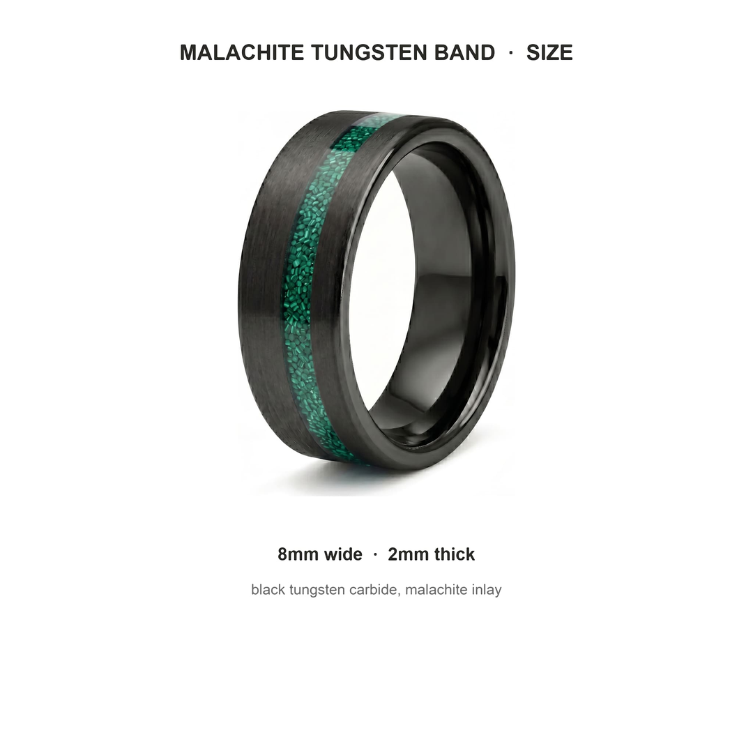 Tungsten Malachite Inlay Band (Black) size guide: 8mm wide, 2mm thick, tungsten carbide, malachite inlay