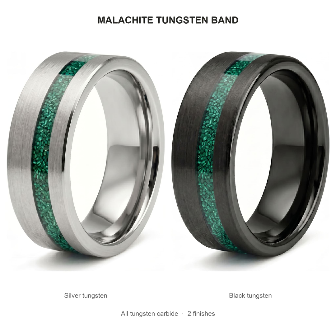Tungsten Malachite Inlay Band (Black) finishes: Silver tungsten and Black tungsten, both tungsten carbide