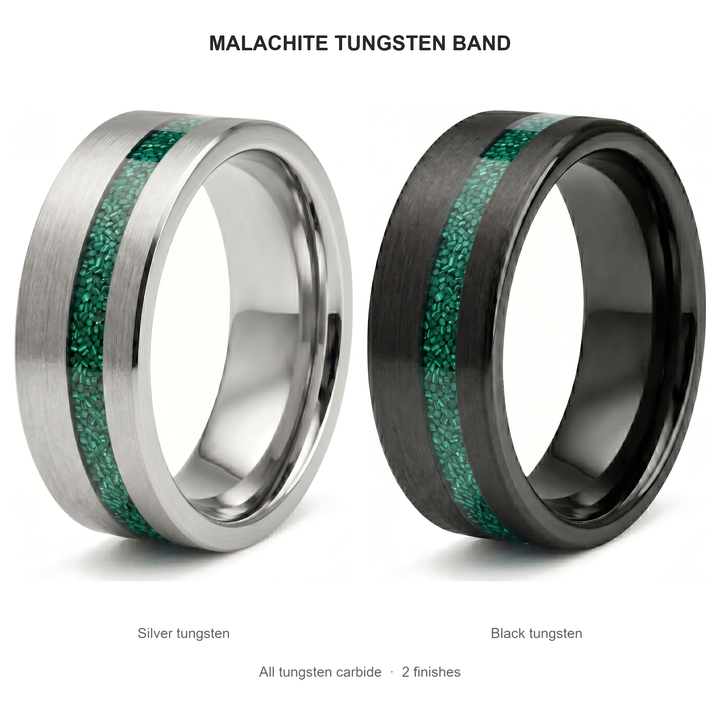 Tungsten Malachite Inlay Band (Black) finishes: Silver tungsten and Black tungsten, both tungsten carbide