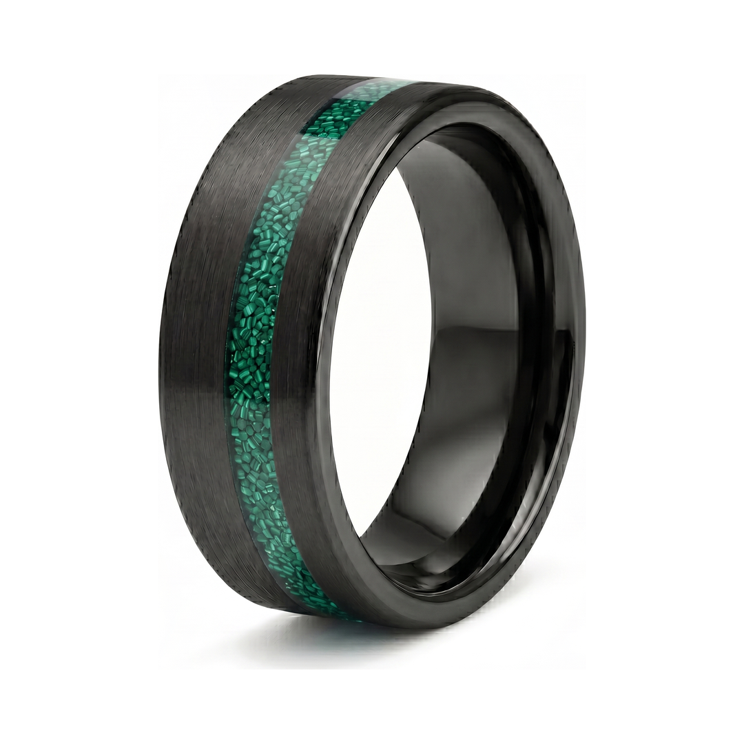 Tungsten Malachite Inlay Band Black, isolated on white background at a three-quarter angle