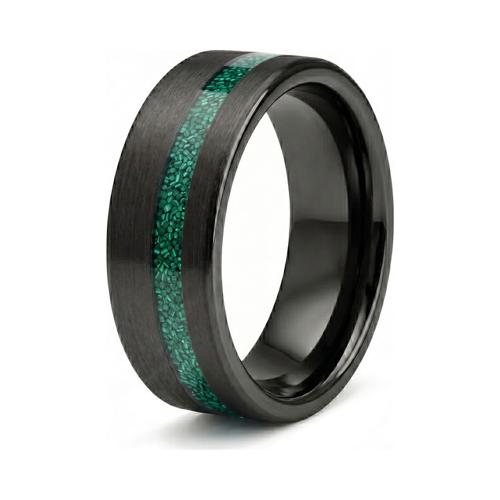 Tungsten Malachite Inlay Band Black, isolated on white background at a three-quarter angle